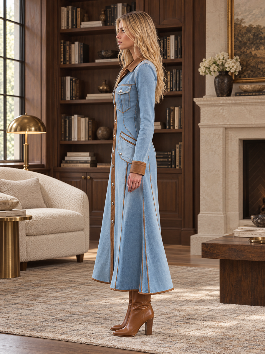 Western Chic Two Tone Contrast Trim Button Front Denim Maxi Dress - By Qivii