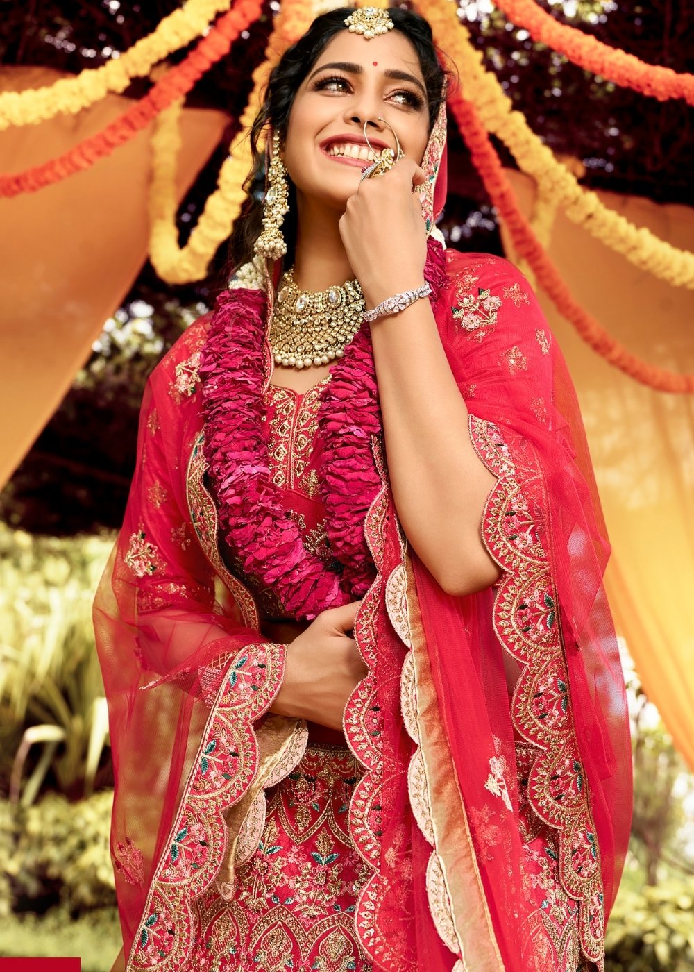 Carmine Pink Raw Silk Lehenga Choli with Resham, Zarkan & Dori work | Ready To Wear - qivii