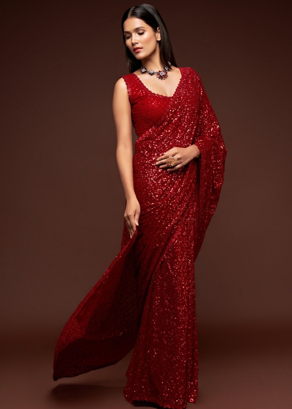 Scarlet Red Sequins & Thread Embroidered Designer Georgette Saree : Top Pick - qivii