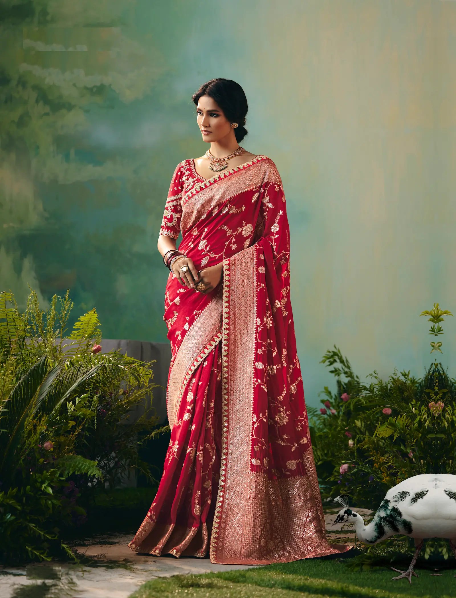 Rose Red Dola Silk Saree With Embroidery Work Blouse - qivii