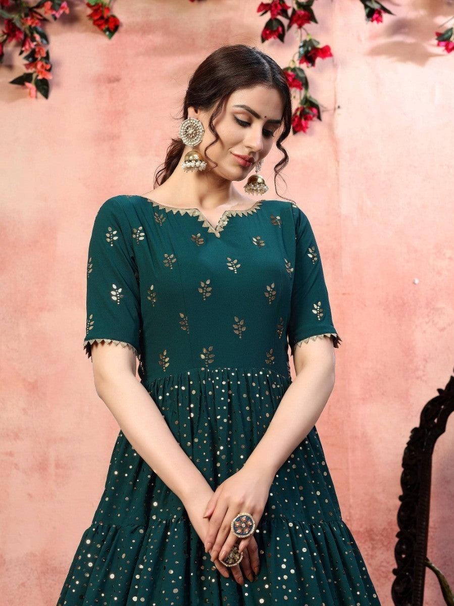 Gorgeous green georgette gown with santoon inner attached inside