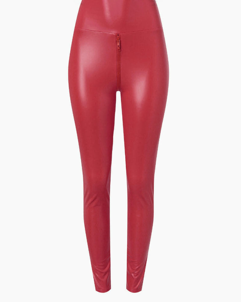 Sexy PU Leather Crotch Zipper Leather Pants for Curvy Women - By Qivii