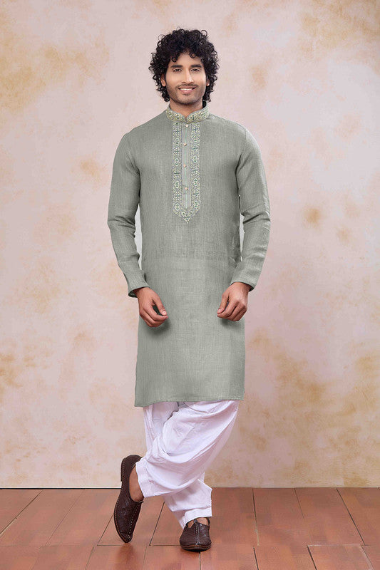 Men's Green Linen Cotton Embroidery Collar Neck Pajama Set