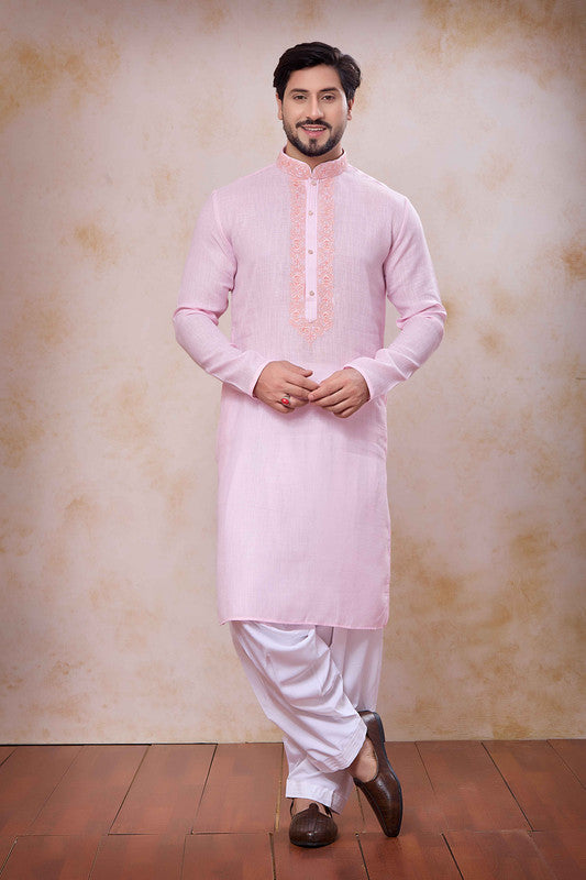 Men's Pink Linen Cotton Embroidery Collar Neck Pajama Set