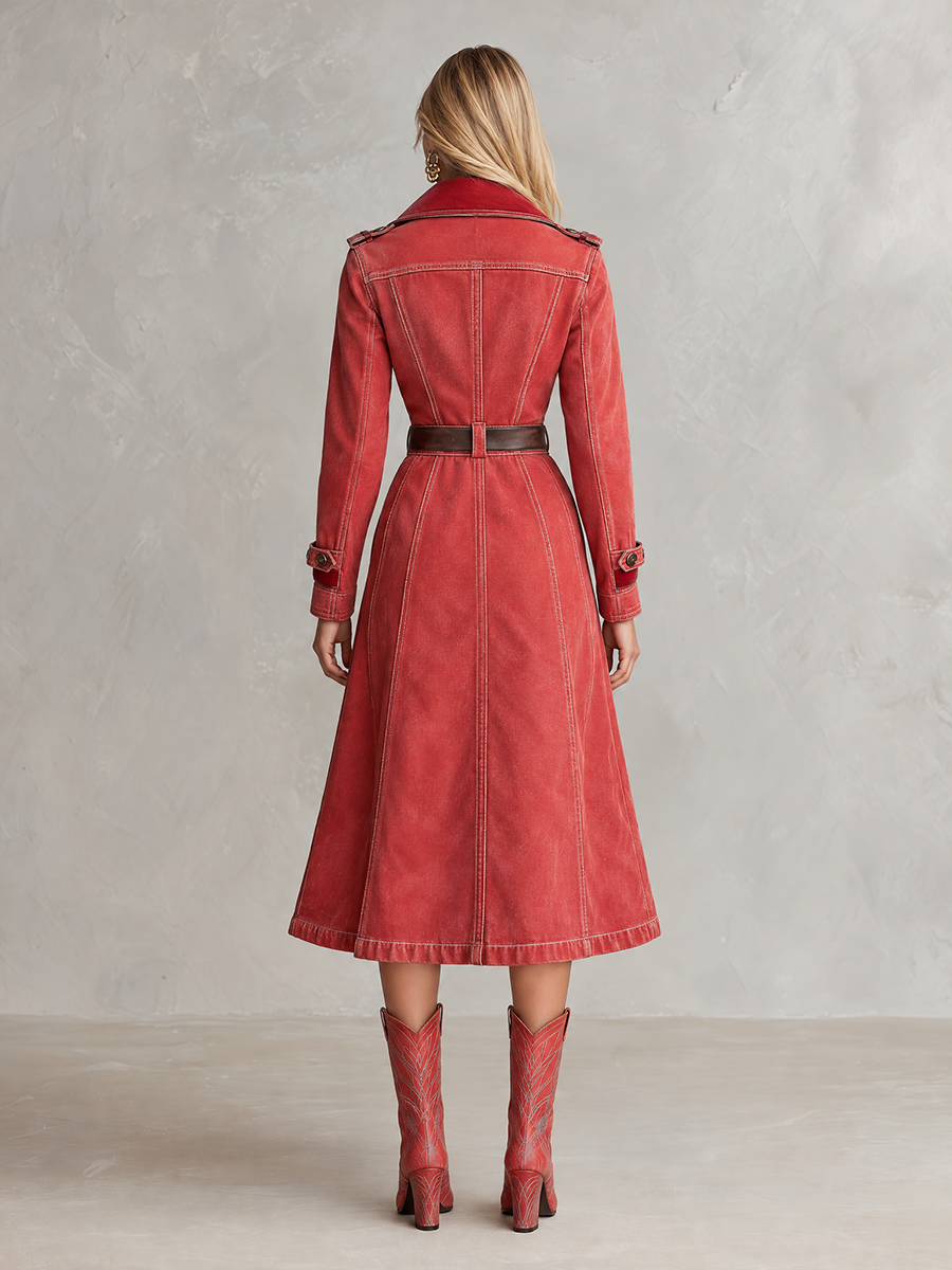 Vintage Western red velvet collar belted denim trench coat for women by Oyrosy Clothing, featuring button front and classic style.