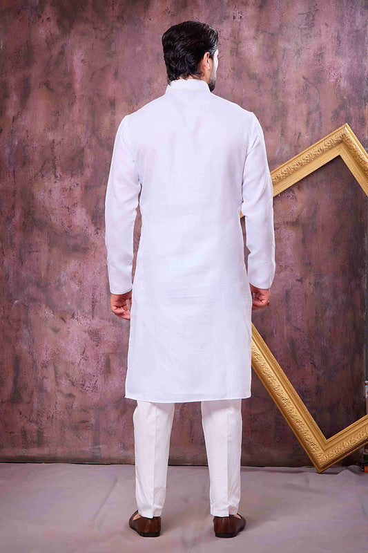 Men's Off White Linen Cotton Embroidery Collar Neck Pajama Set