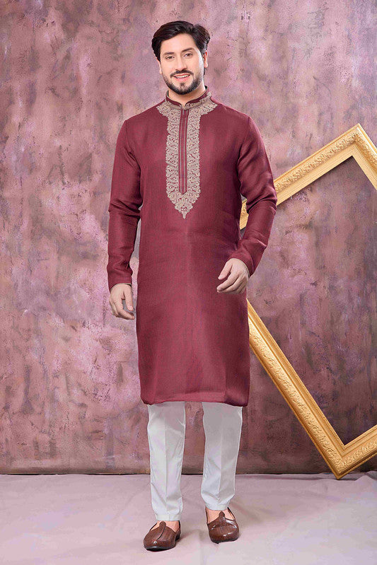 Men's Maroon Linen Cotton Embroidery Collar Neck Pajama Set