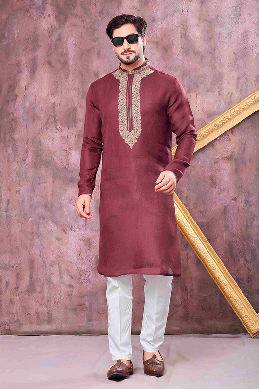 Men's Maroon Linen Cotton Embroidery Collar Neck Pajama Set