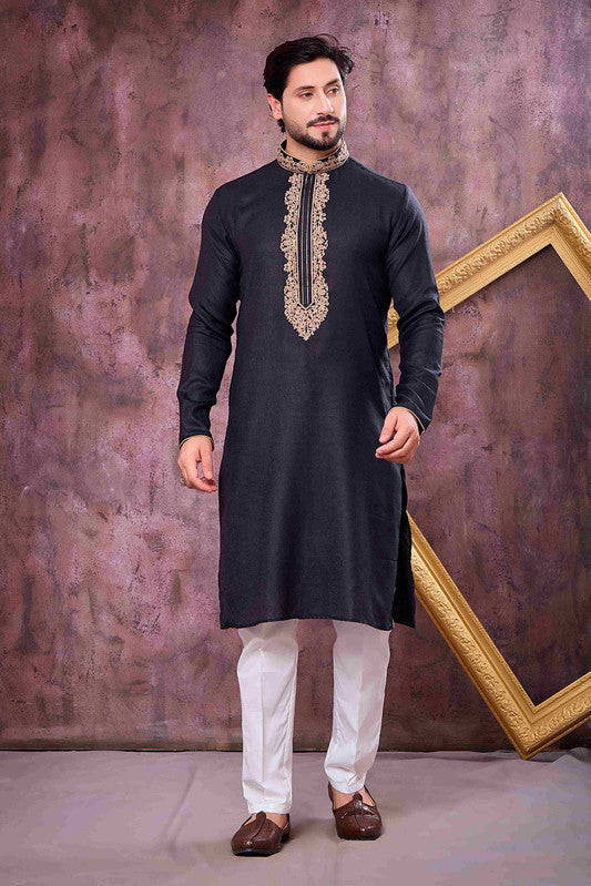 Men's Black Linen Cotton Embroidery Collar Neck Pajama Set