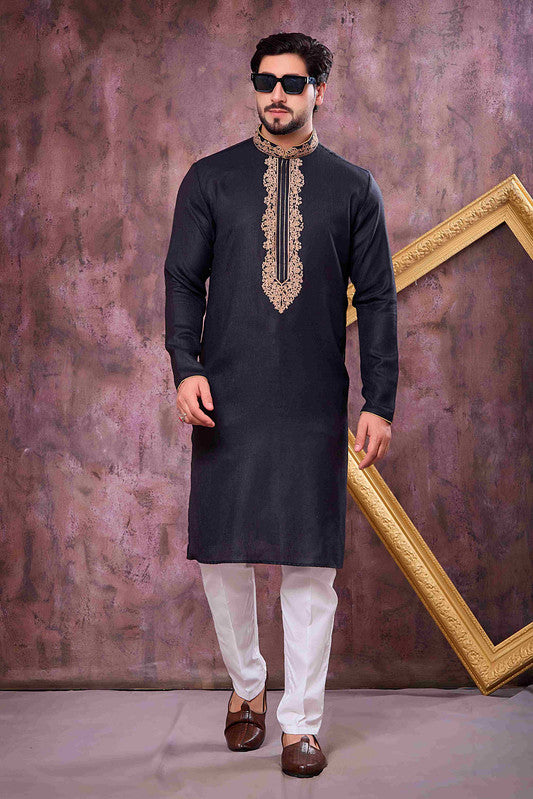 Men's Black Linen Cotton Embroidery Collar Neck Pajama Set