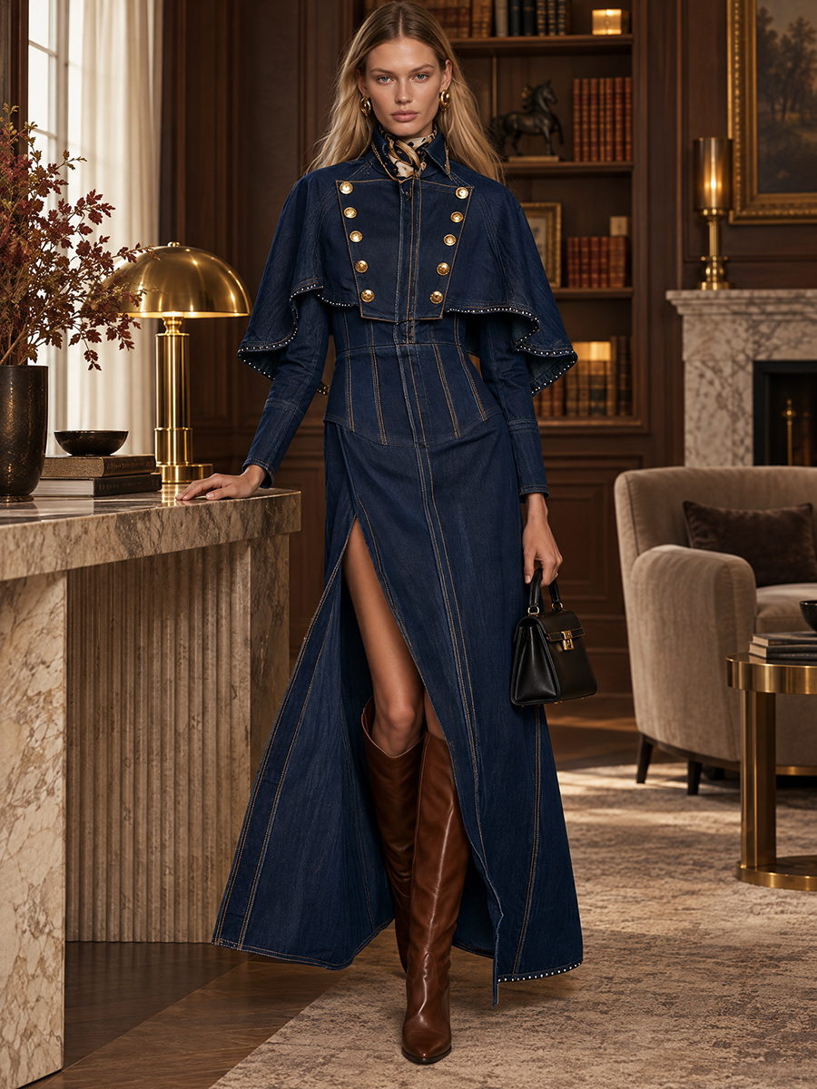 Vintage Military Gold Button Capelet Corset Waist High Slit Denim Maxi Dress - By Qivii