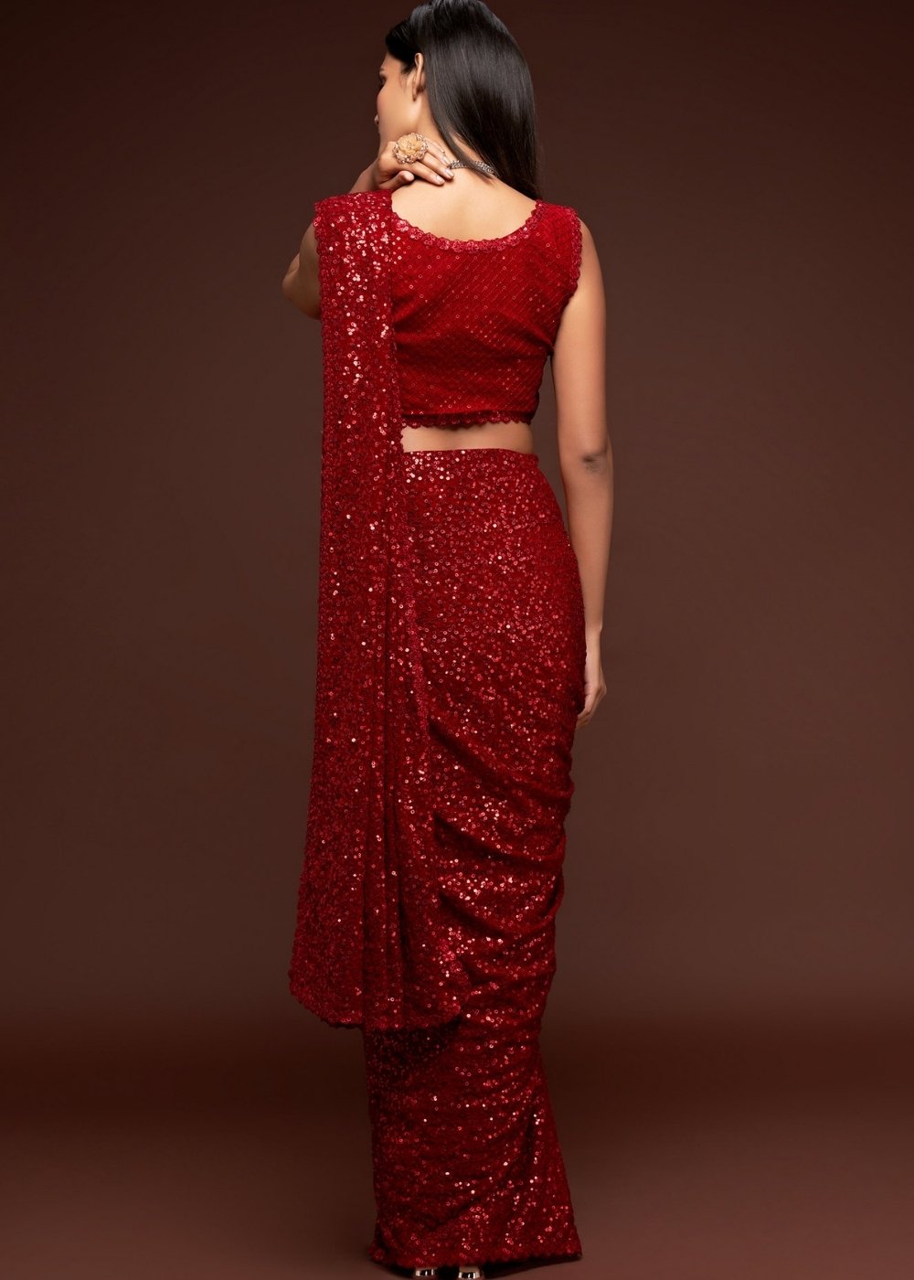 Scarlet Red Sequins & Thread Embroidered Designer Georgette Saree : Top Pick - qivii