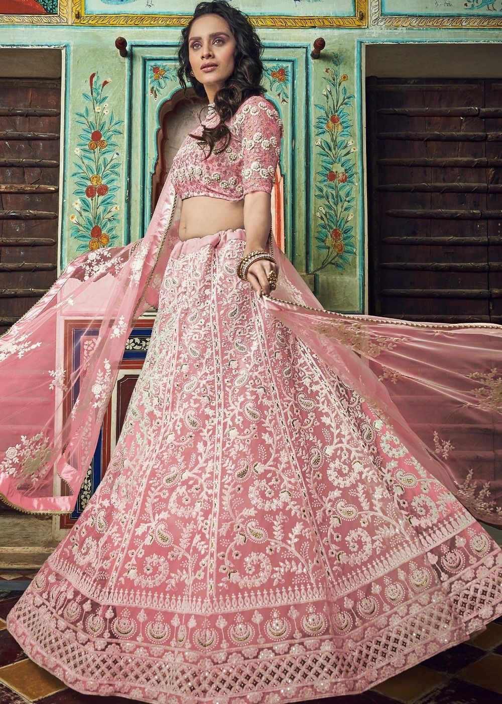 Crepe Pink Soft Net Lehenga Choli with Thread & Pearl work | Ready To Wear - qivii
