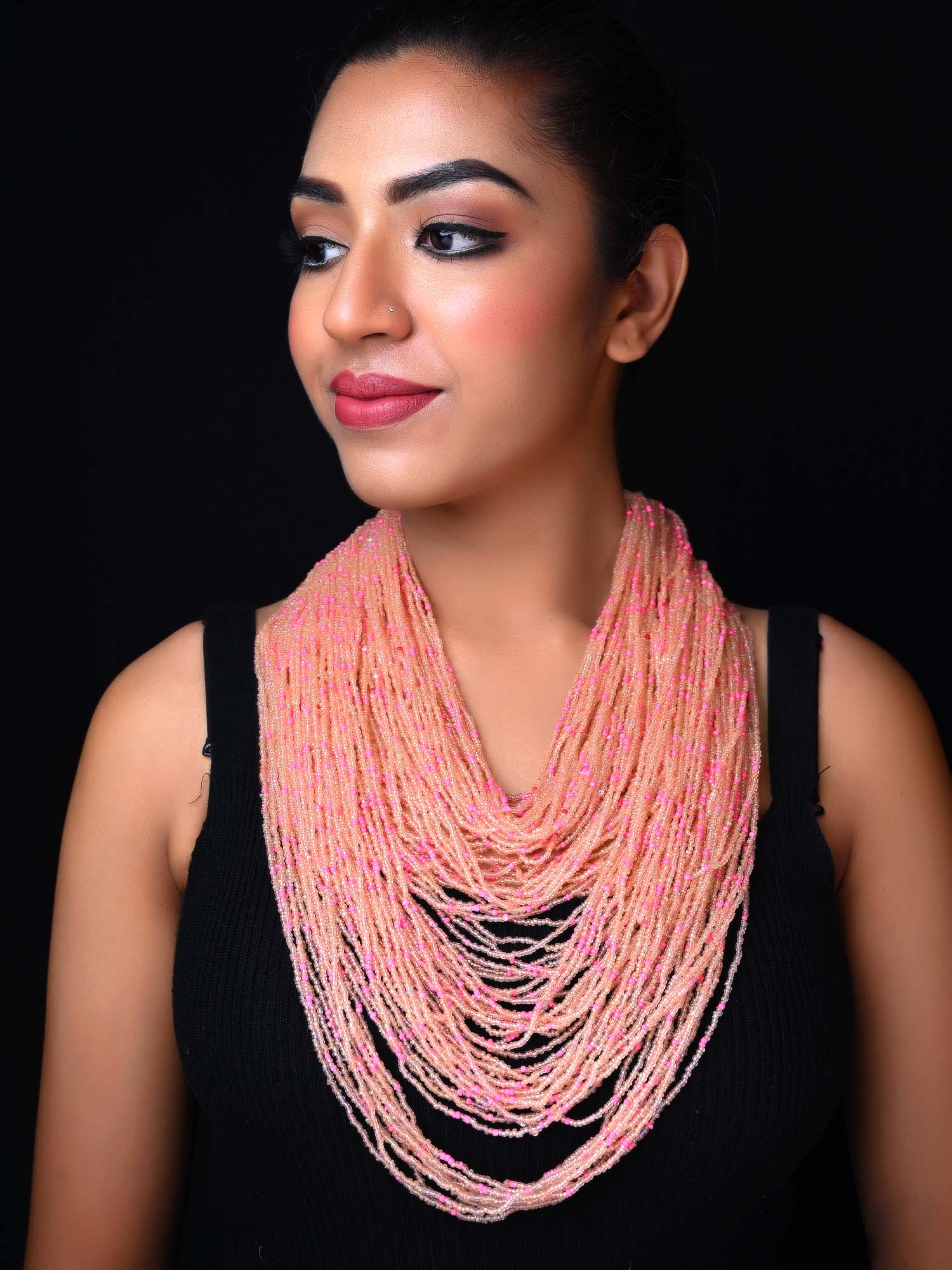 Raya Peach With Pink Beads Multi Layered Neck Piece - qivii