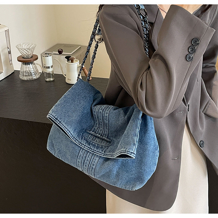 Women's Vintage Denim Tote Bag with Chain Strap – Structured Large-Capacity Crossbody & Shoulder Bag