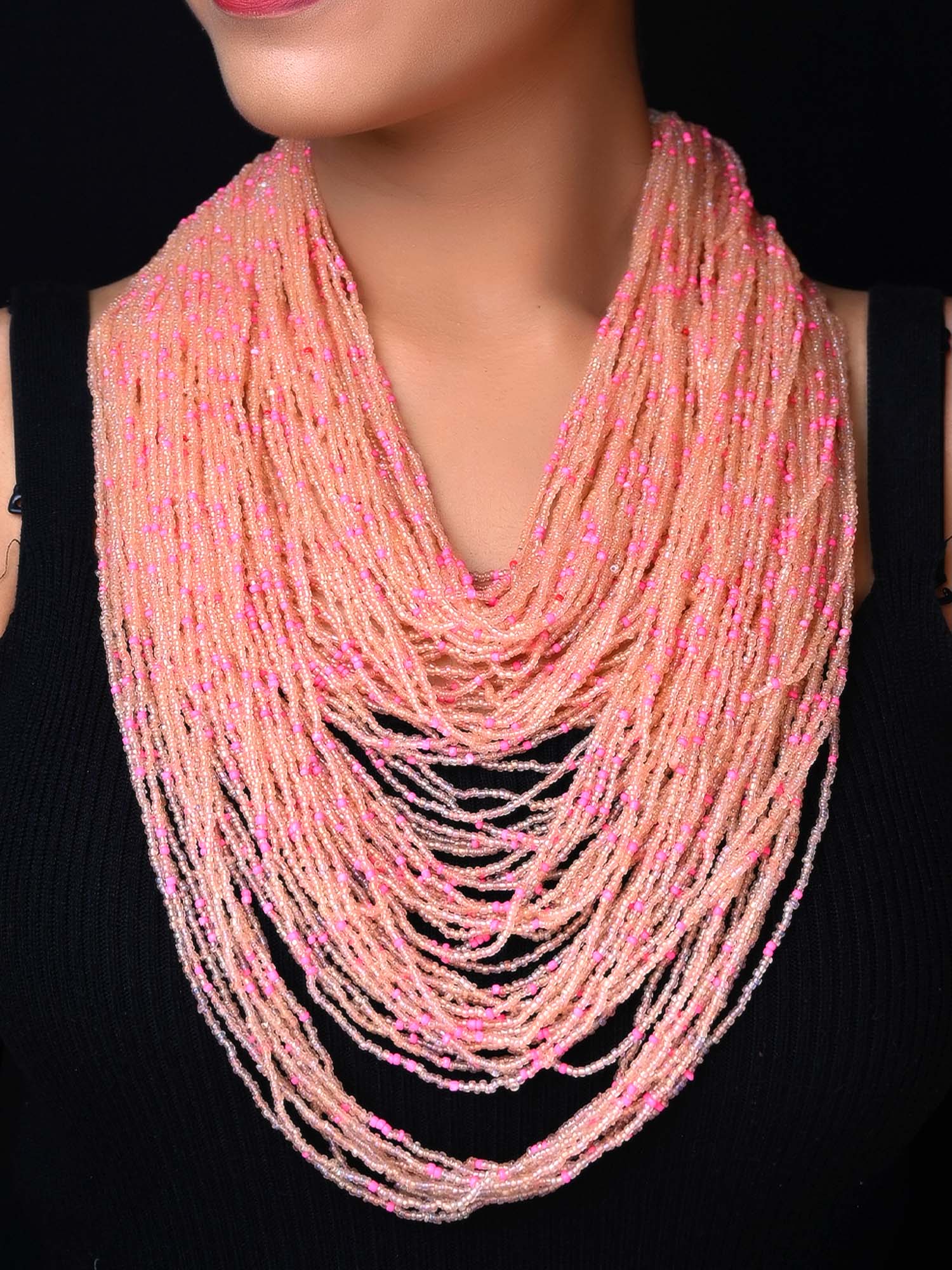 Raya Peach With Pink Beads Multi Layered Neck Piece - qivii