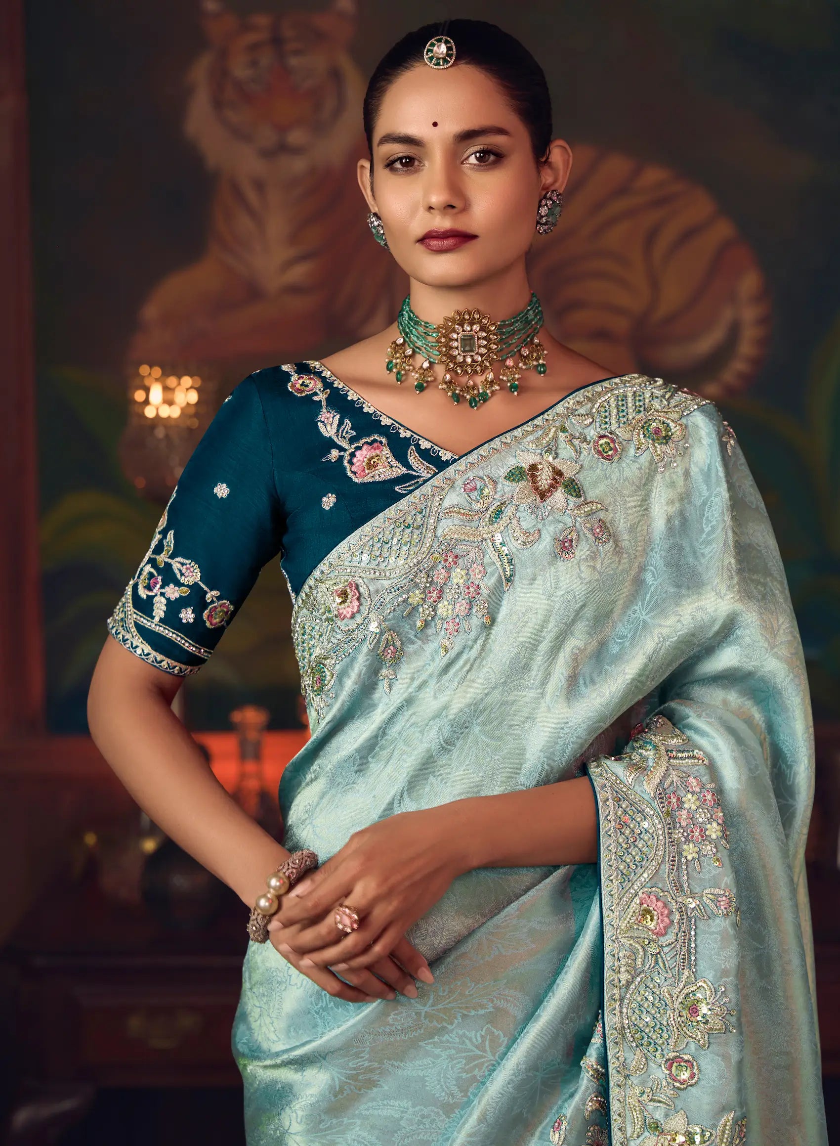 Powder Blue Heavy Embroidery & Handwork Silk Saree
