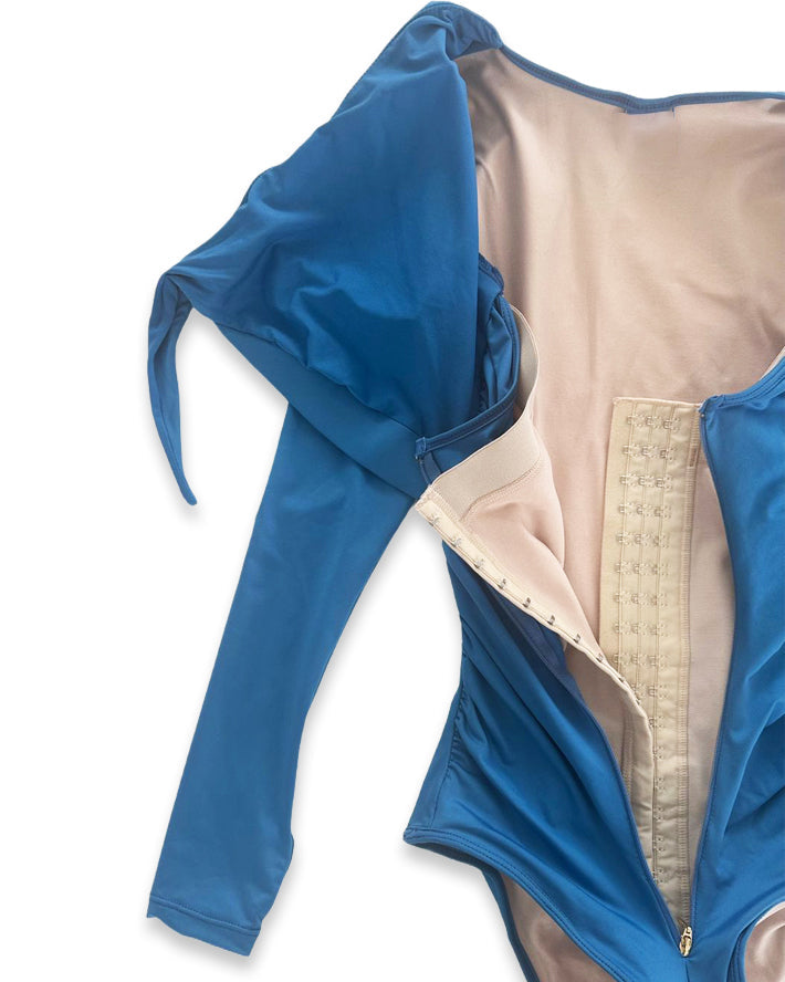 Shapshe® Blue Long Sleeve Built In Shapewear Tummy Cotrol Girdle Swimsuit - By Qivii