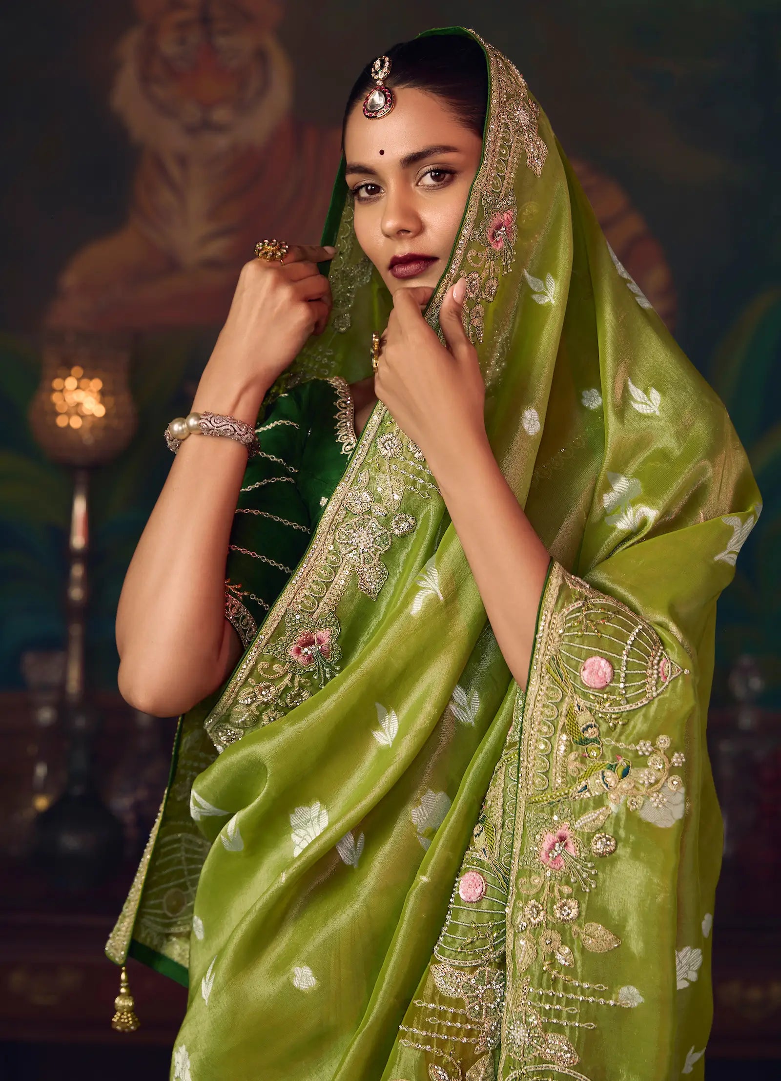 Parrot Green Heavy Embroidery & Handwork Silk Saree