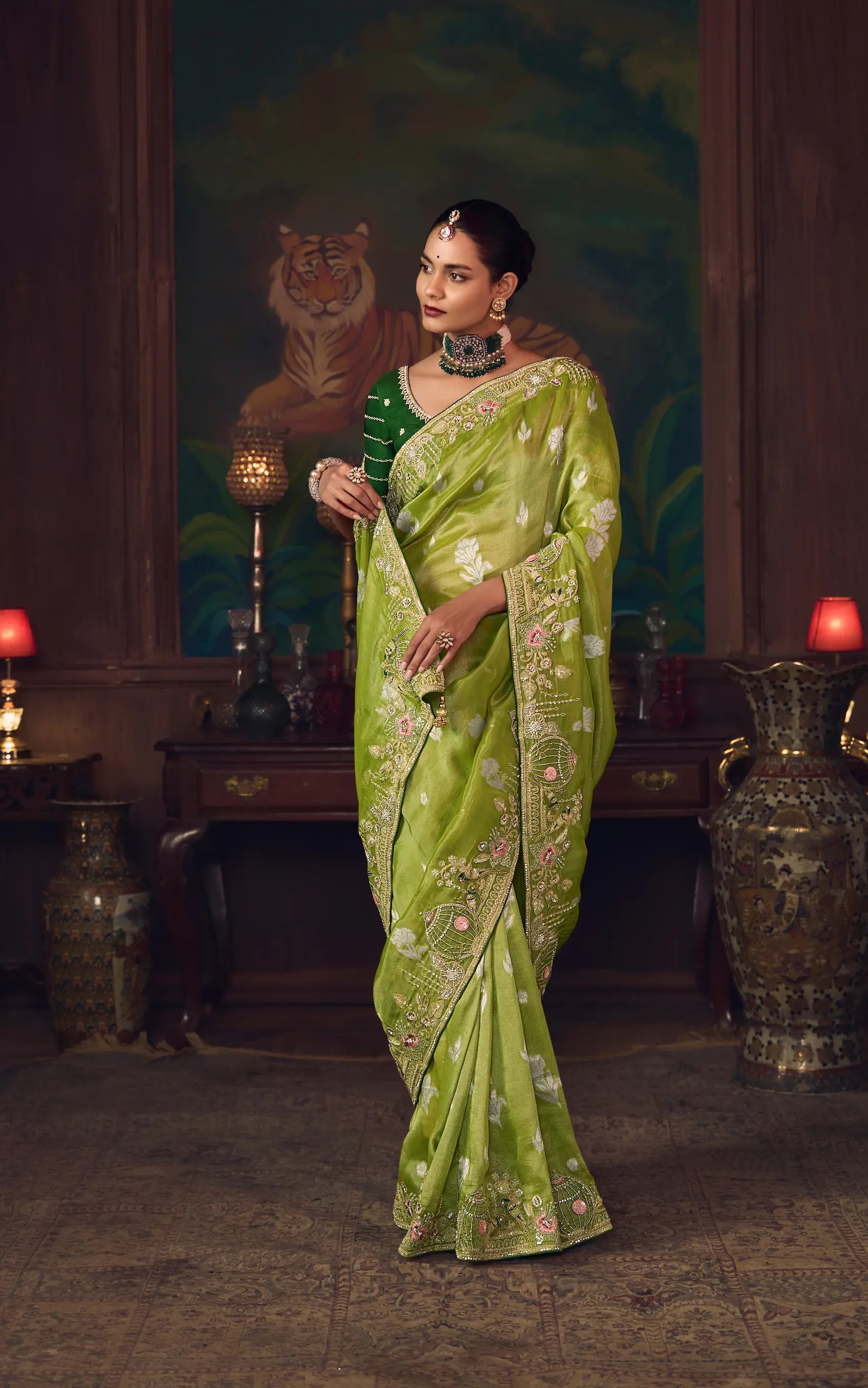 Parrot Green Heavy Embroidery & Handwork Silk Saree