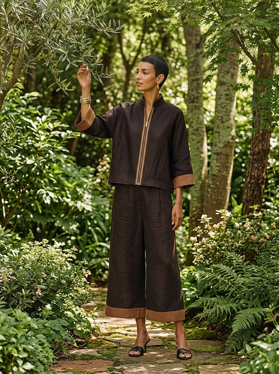 Women's Dark‑Brown Linen Fabric Stand‑Collared Zip‑Up Crop Top & Wide‑Leg Pants Set MDZ1459G3ZRK