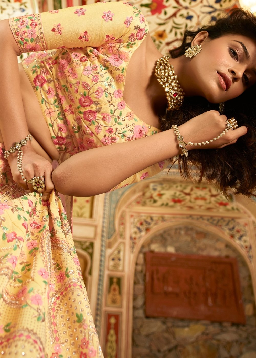 Aureolin Yellow Art Silk Lehenga Choli with Zari, Sequins, Swarvoski & Zarkan work | Ready To Wear - qivii