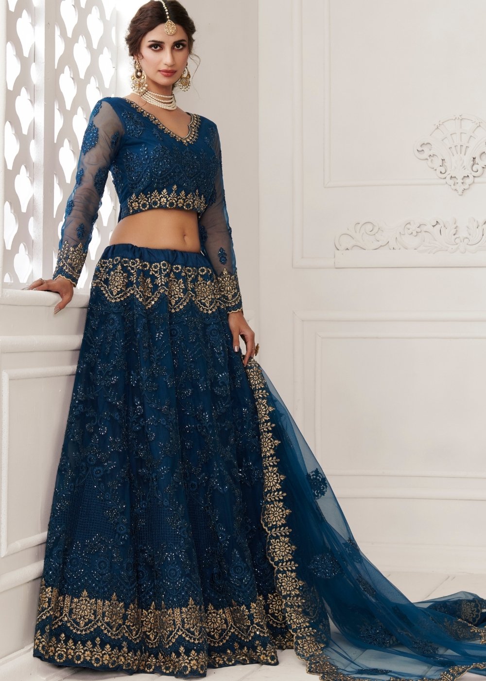 Prussian Blue Soft Net Lehenga Choli with Cording, Stonework, Thread & Zari Embroidery | Ready To Wear - qivii