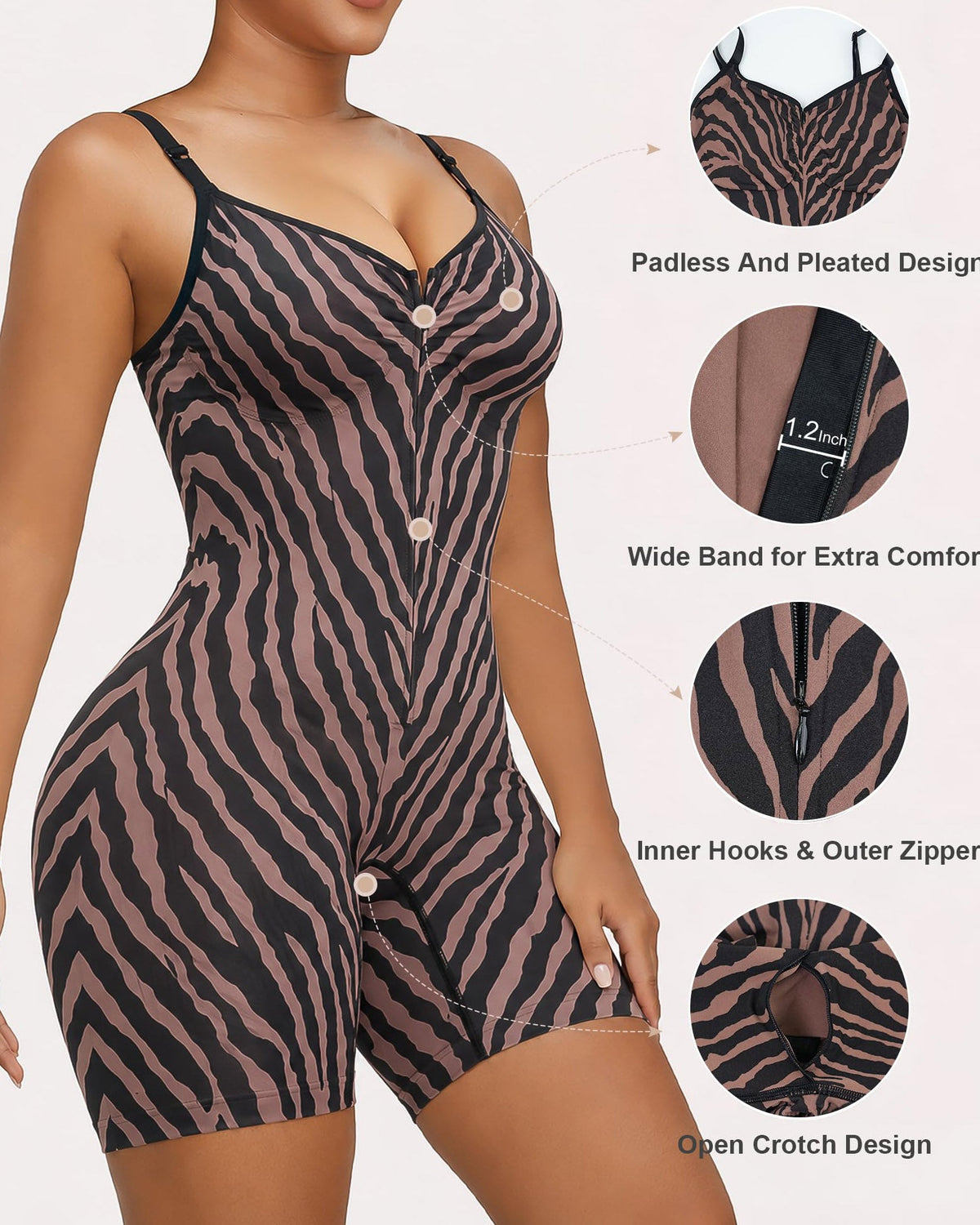 High Compression Zebra Print Front Zip Adjustable Strap Tummy Control Butt Lifting Bodysuit Shapewear