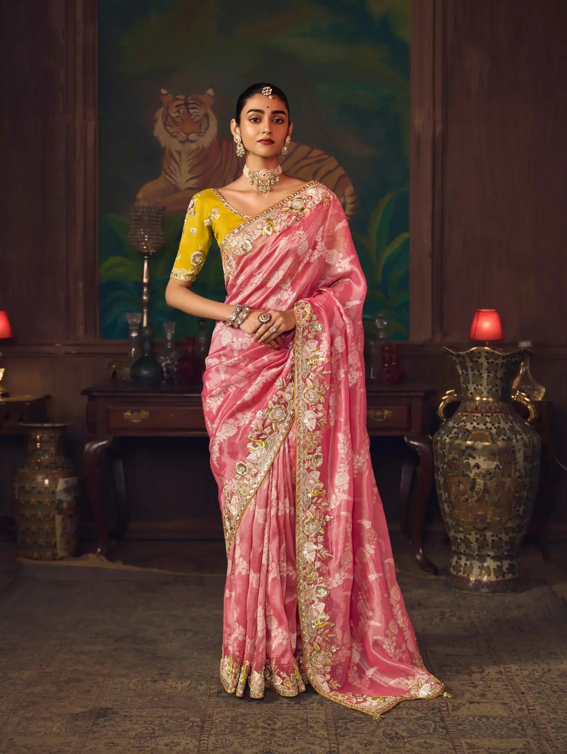 Peach Pink Heavy Embroidery & Handwork Silk Saree