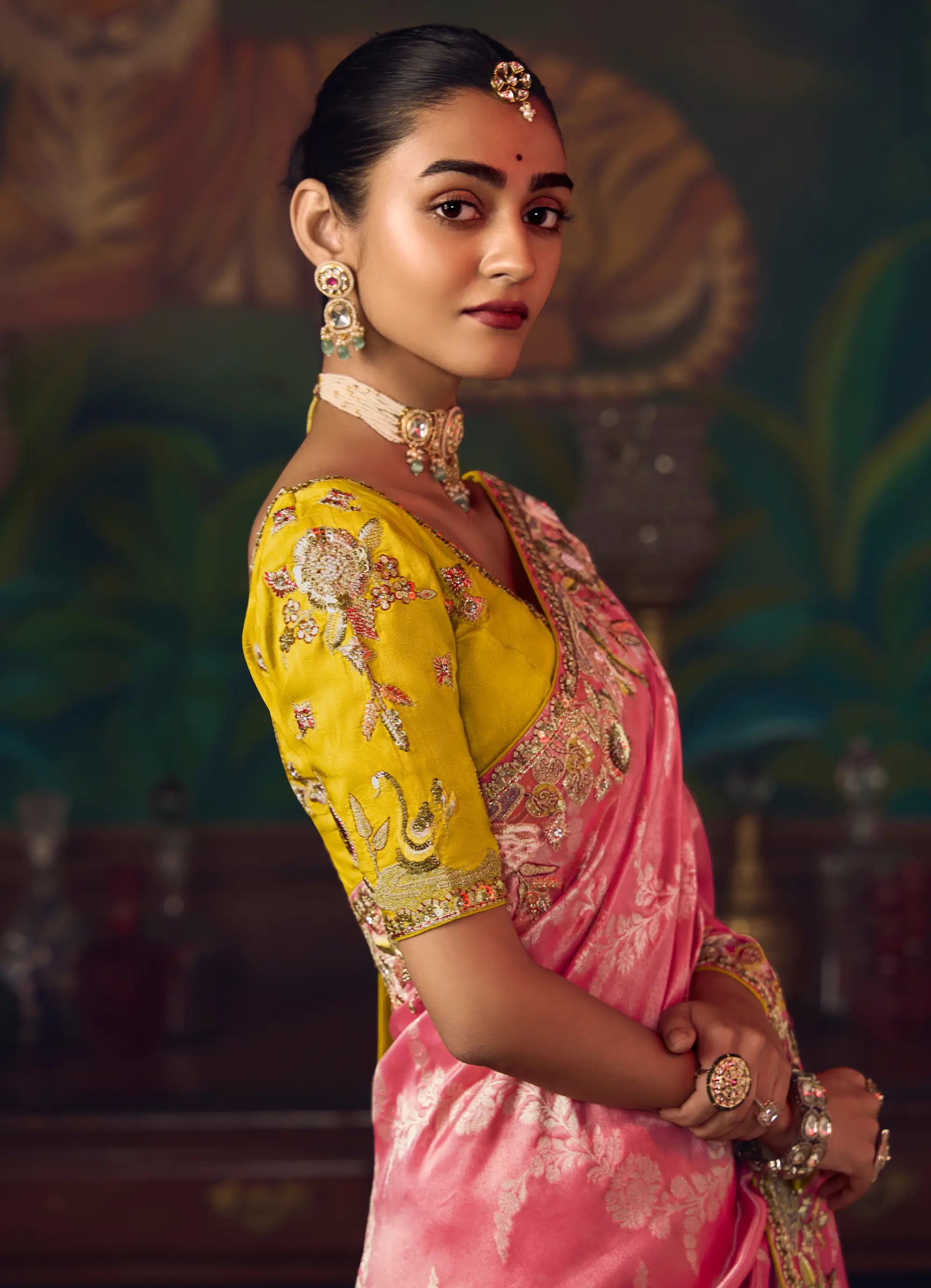 Peach Pink Heavy Embroidery & Handwork Silk Saree