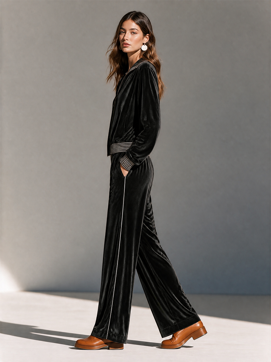 Women's Collared Zip Contrast-Rib Long-Sleeve Jacket And Wide-Leg Pants Velvet Set MDZ0725I8CMX