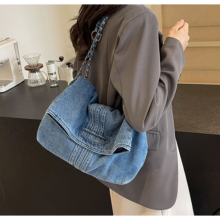 Women's Vintage Denim Tote Bag with Chain Strap – Structured Large-Capacity Crossbody & Shoulder Bag