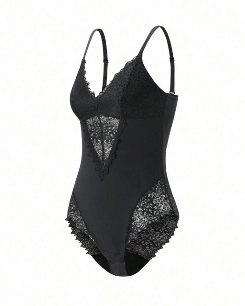 Women's Lace Sheer Spaghetti Strap Cami Bodysuit Sleeveless One Piece Shapewear - By Qivii