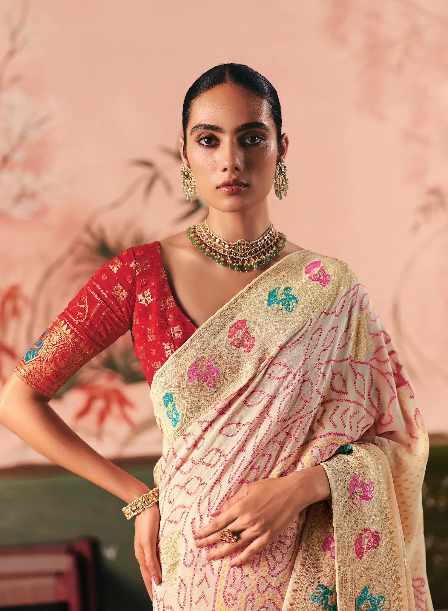 Antique White Georgette Bandhej Weaving Saree