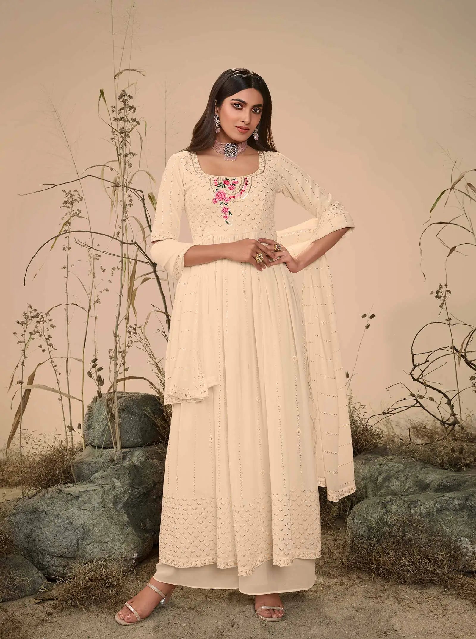 Beige Georgette Palazzo Salwar Suit With Thread Sequins Embroidery Work - qivii