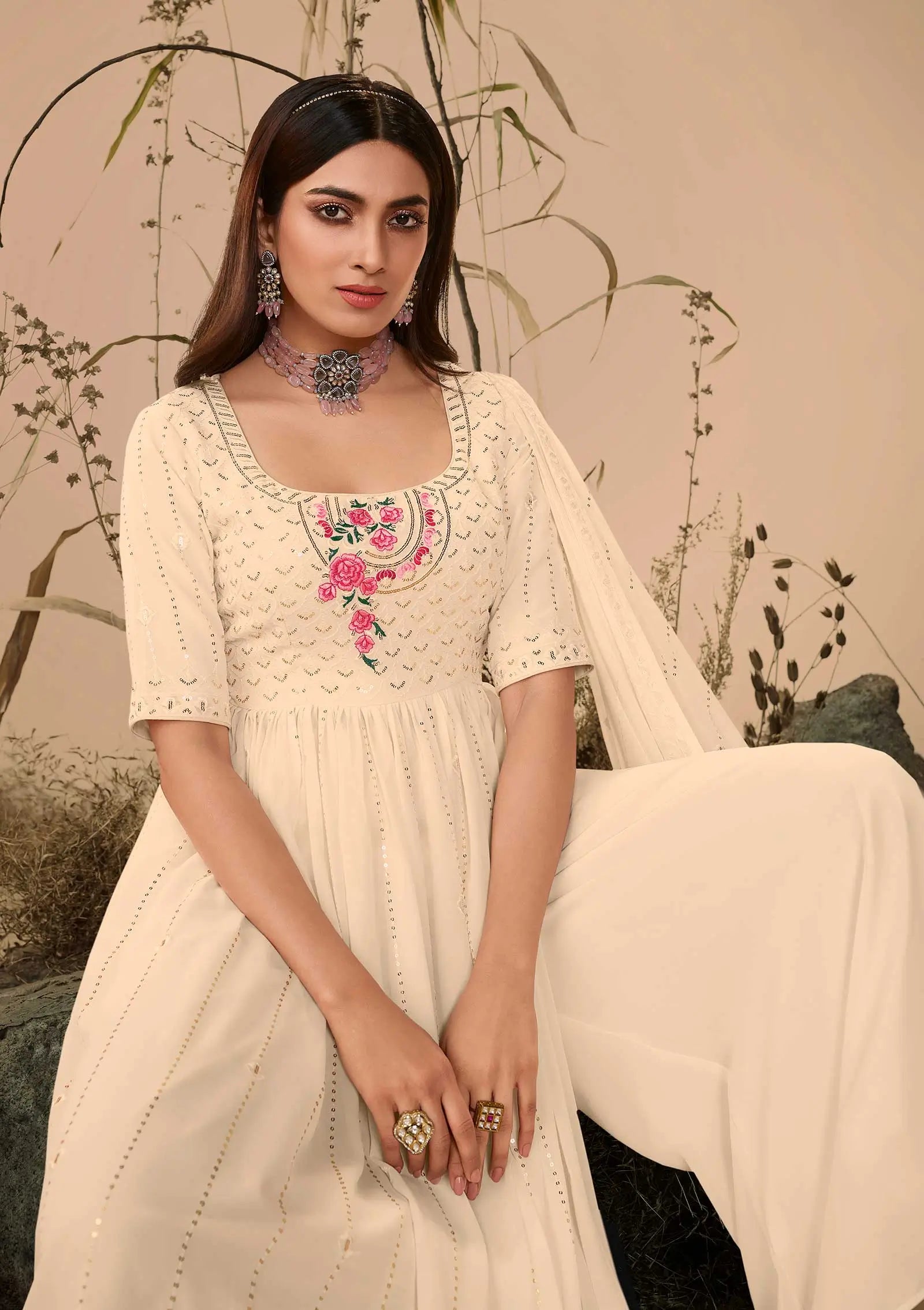 Beige Georgette Palazzo Salwar Suit With Thread Sequins Embroidery Work