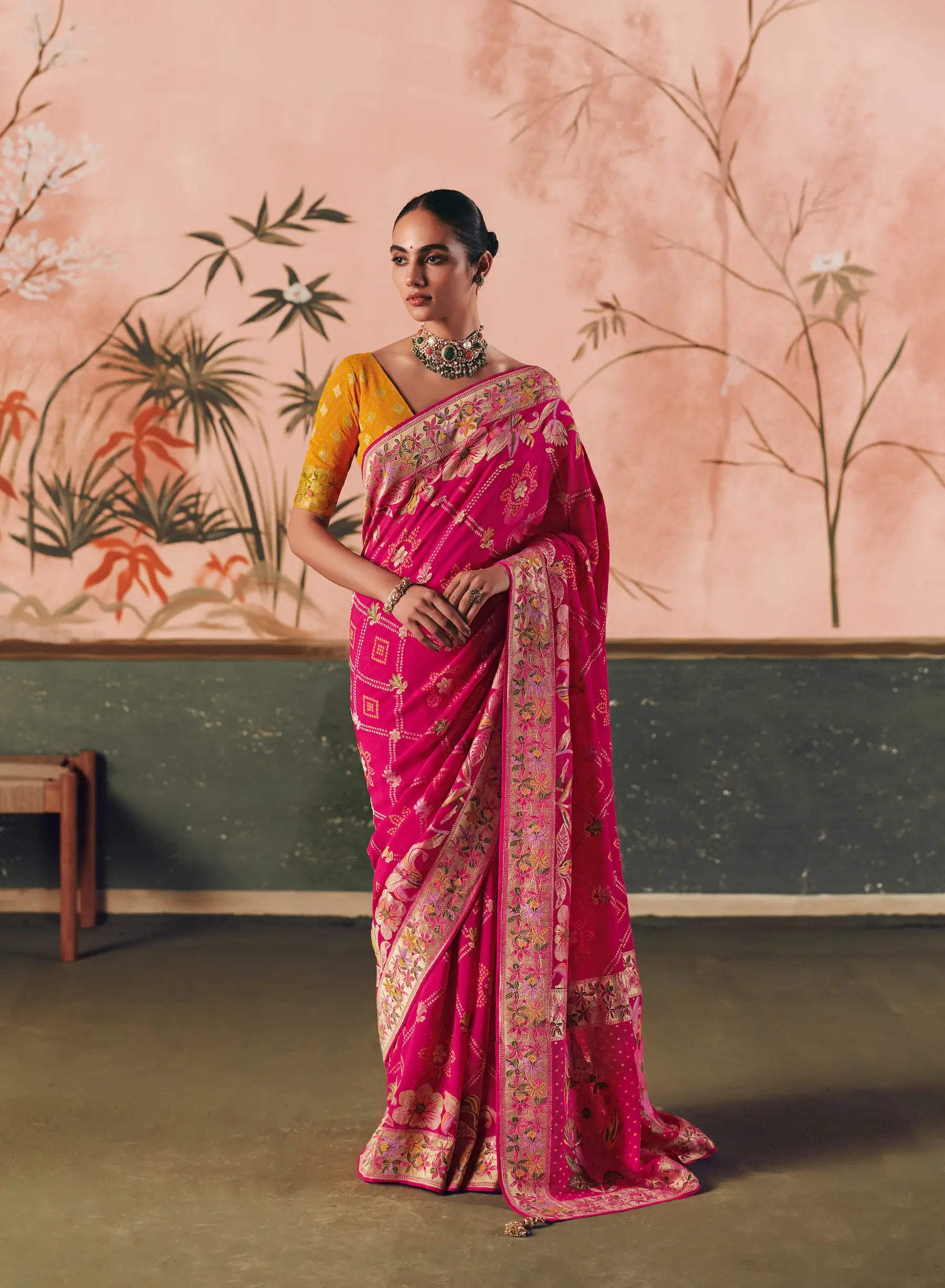 Rani Pink Georgette Bandhej Weaving Saree