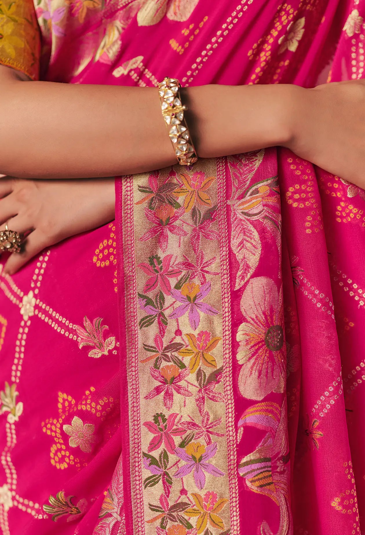 Rani Pink Georgette Bandhej Weaving Saree