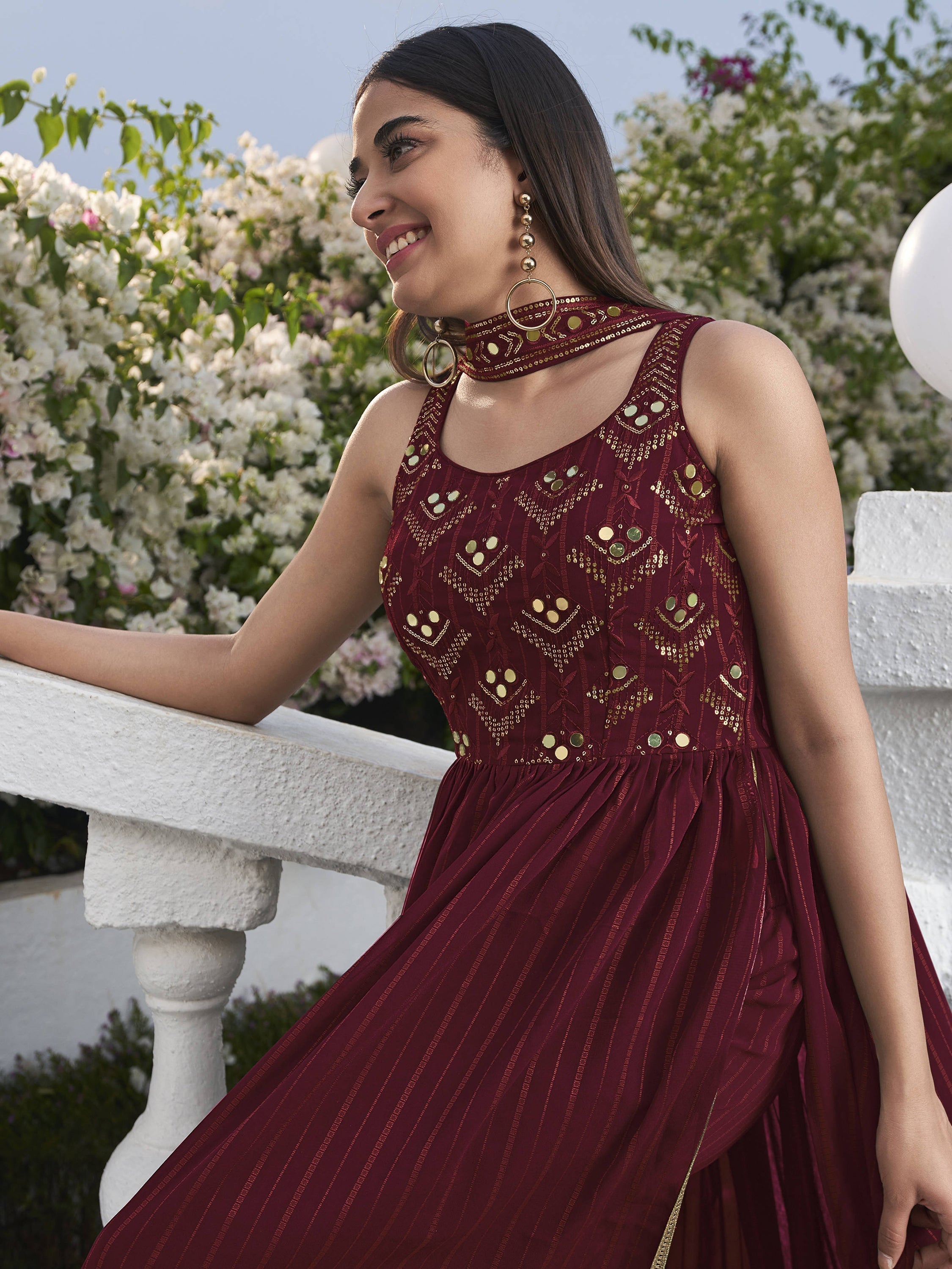 Stunning Maroon Georgette Salwar Kameez with Sequins and Thread Embroidered Work