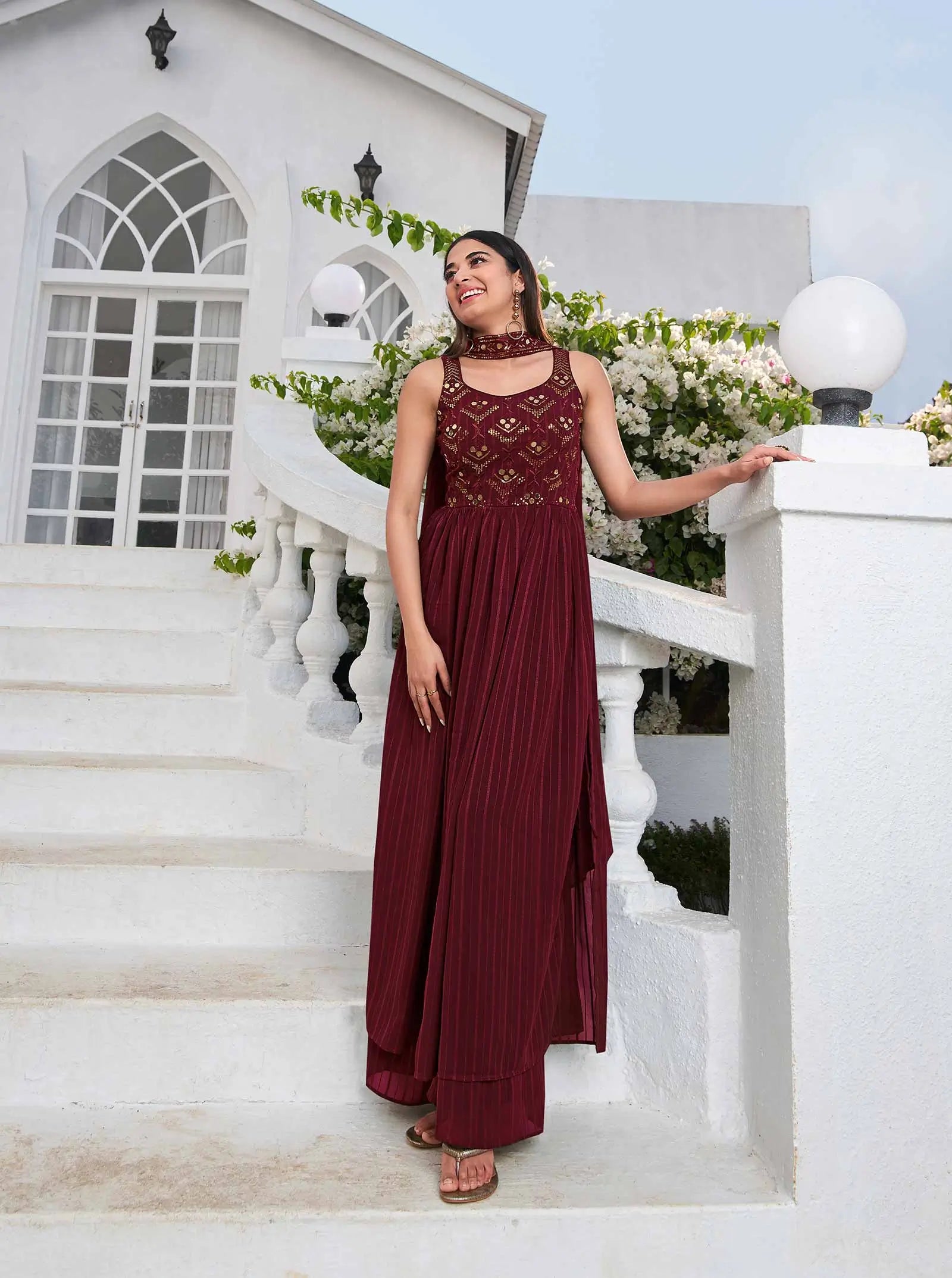 Maroon Georgette Palazzo Salwar Suit With Thread And Sequins Embroidered Work - qivii