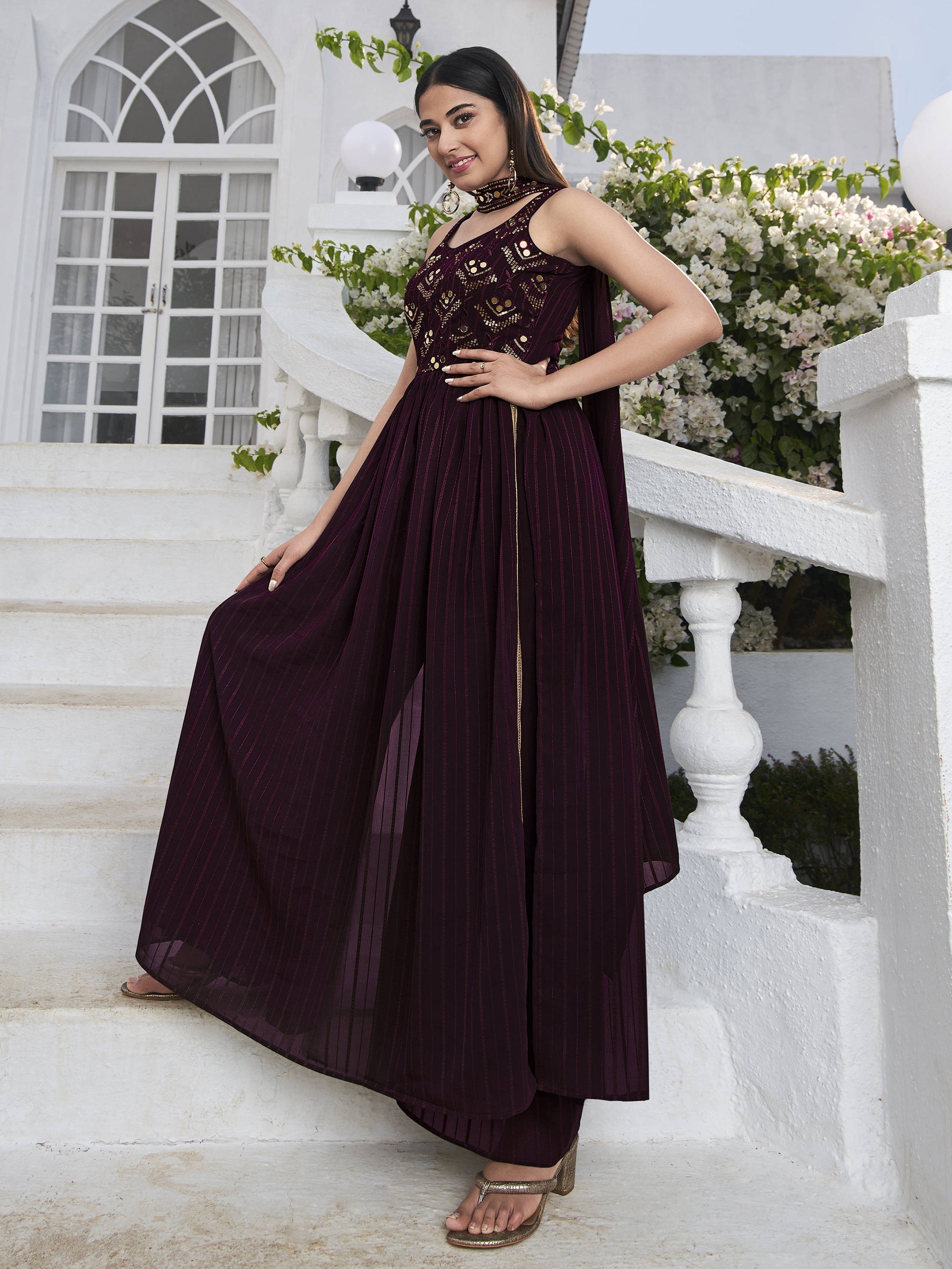 Purple embroidered georgette suit perfect for weddings, festivals, and receptions