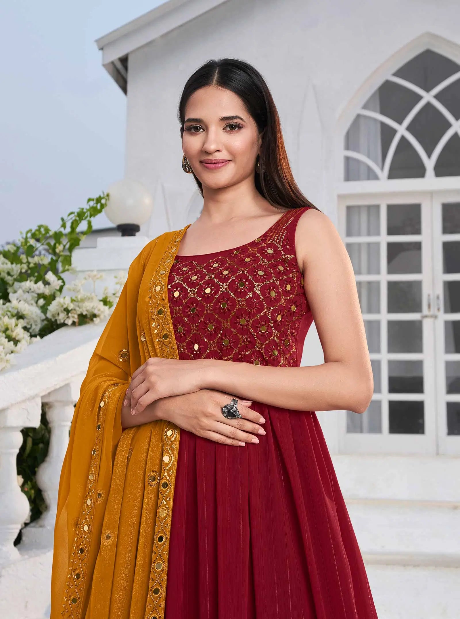 Red Georgette Palazzo Salwar Suit With Thread And Sequins Embroidered Work