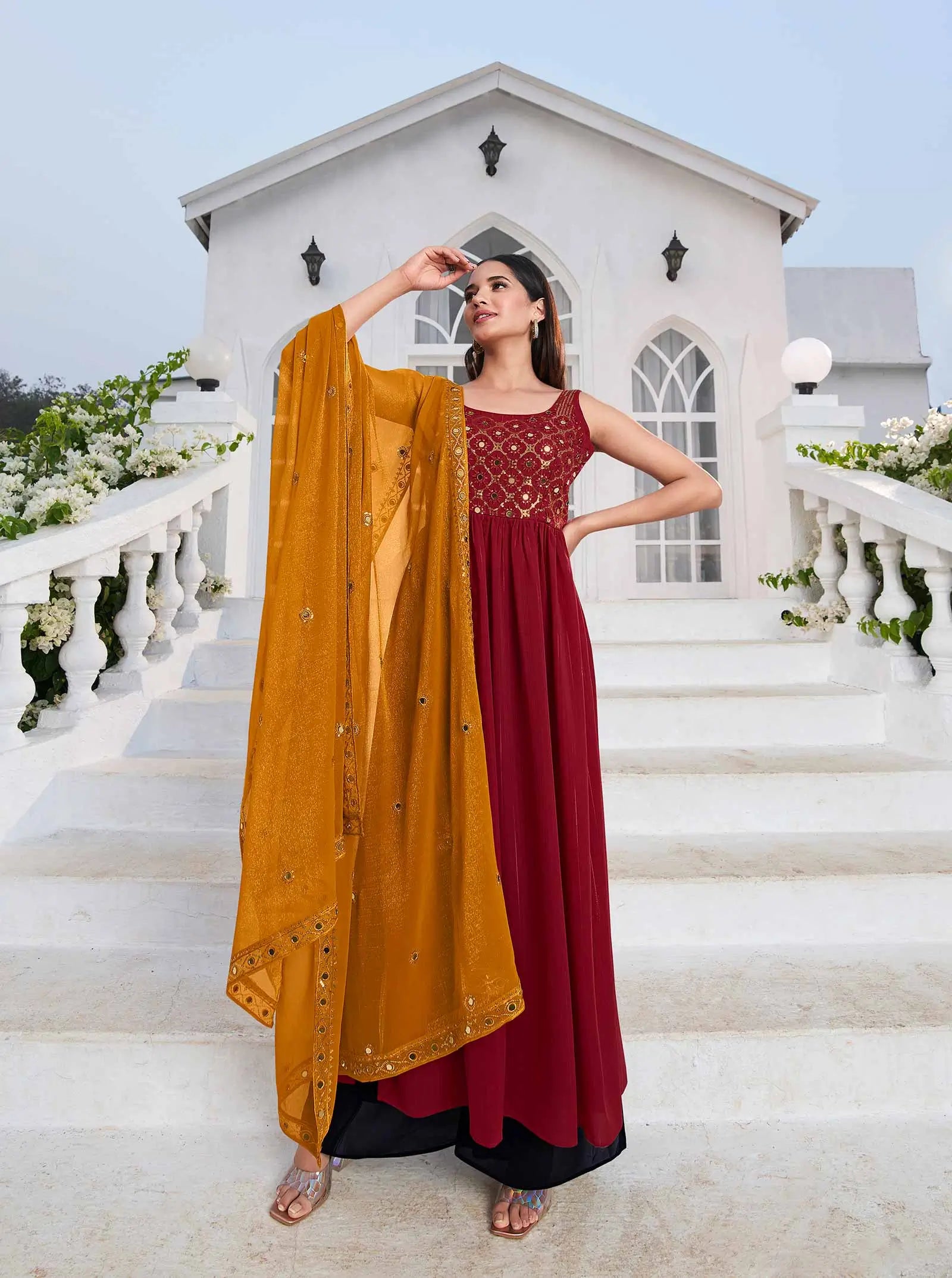 Red Georgette Palazzo Salwar Suit With Thread And Sequins Embroidered Work