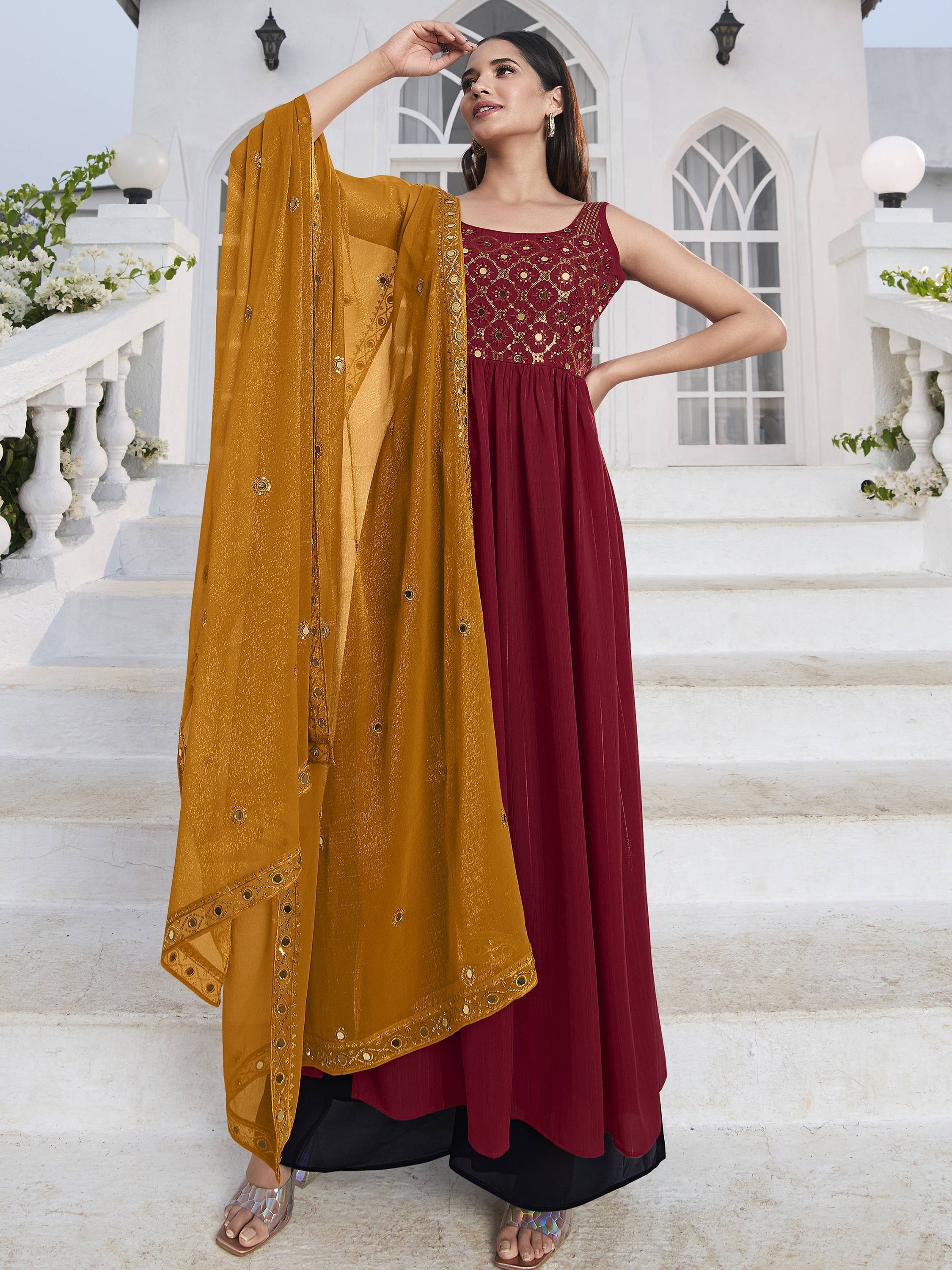 Red palazzo with sequins work and thread embroidery
