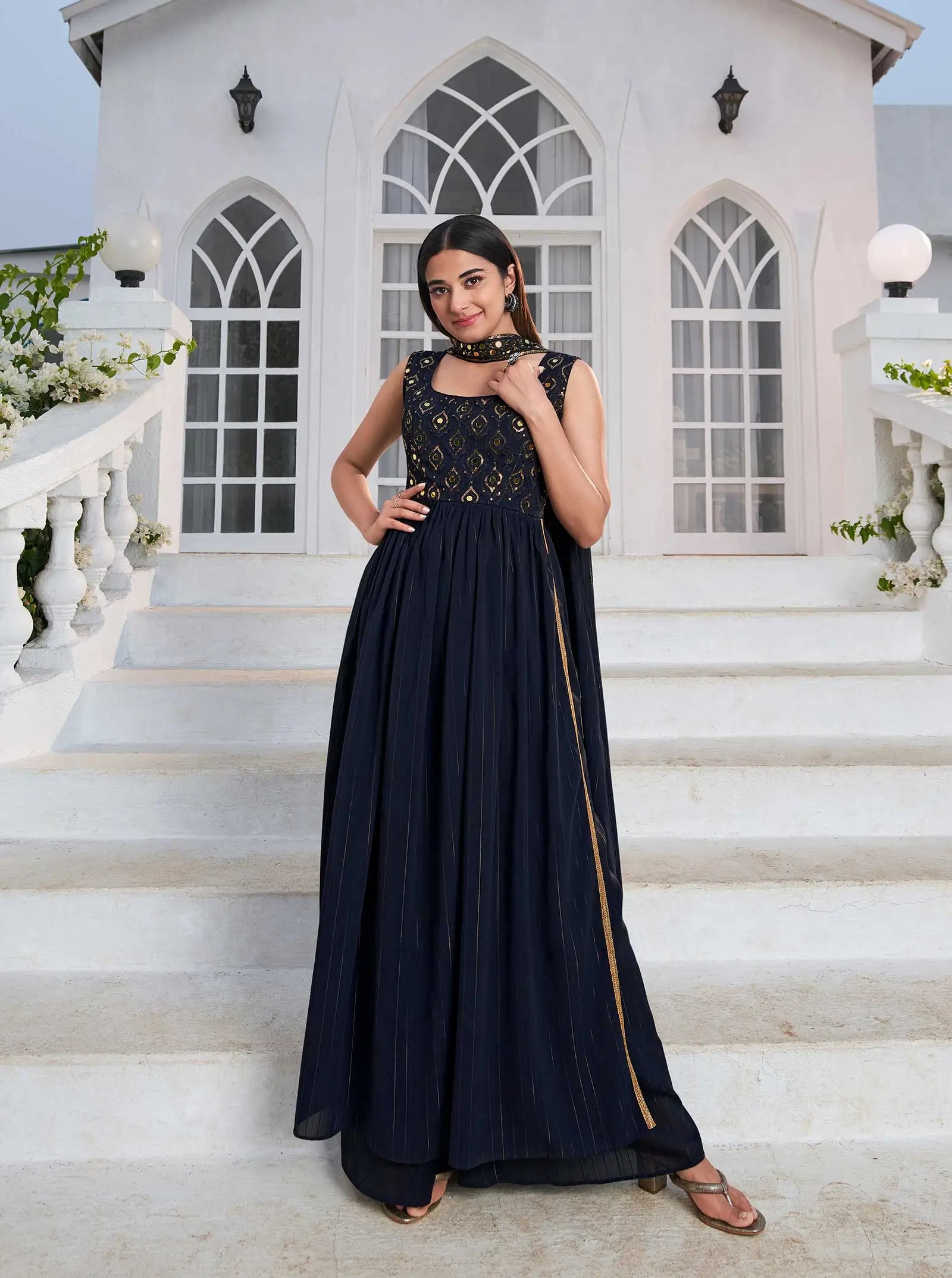 Blue Georgette Palazzo Salwar Suit With Thread And Sequins Embroidered Work - qivii