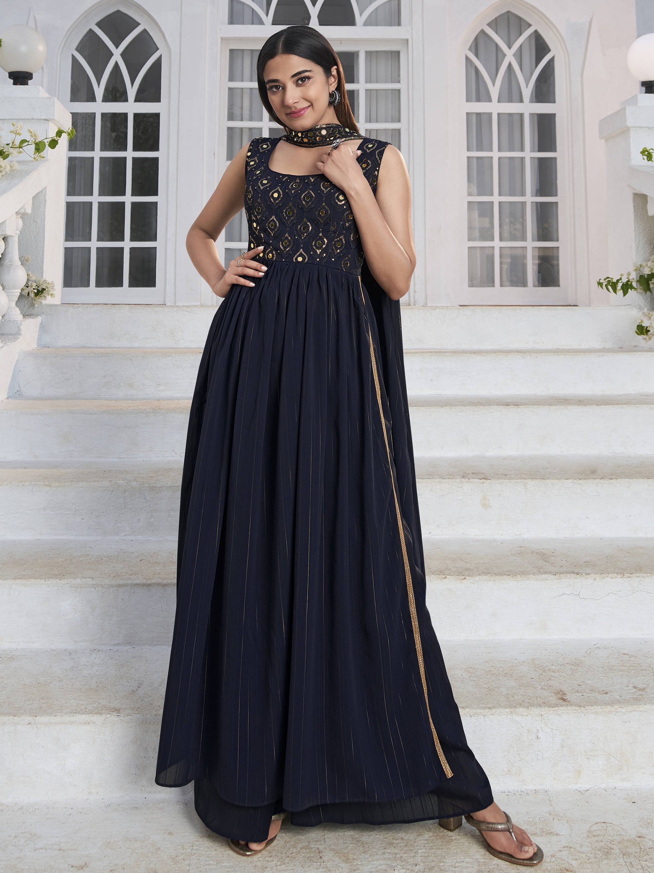 Enchanting Blue Embroidered Georgette Festival Wear Salwar Kameez with exquisite sequins and thread embroidery