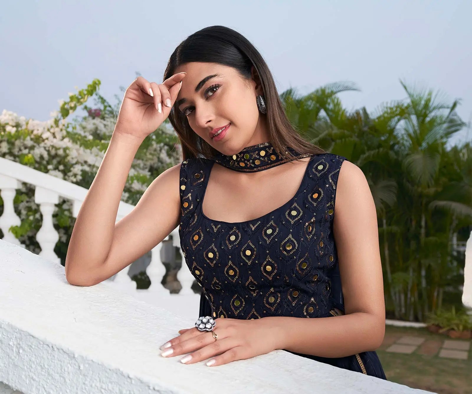 Blue Georgette Palazzo Salwar Suit With Thread And Sequins Embroidered Work - qivii