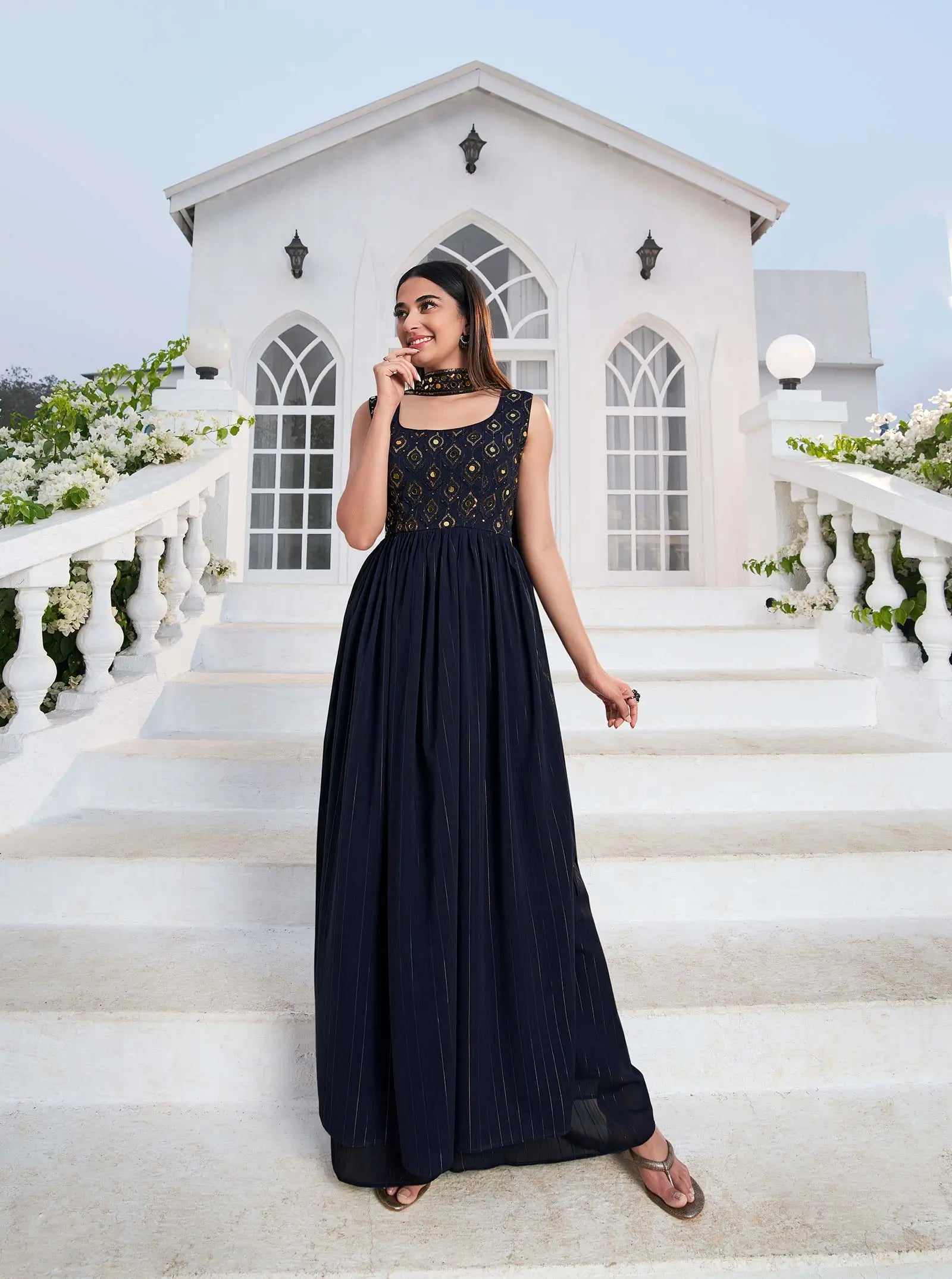 Blue Georgette Palazzo Salwar Suit With Thread And Sequins Embroidered Work - qivii