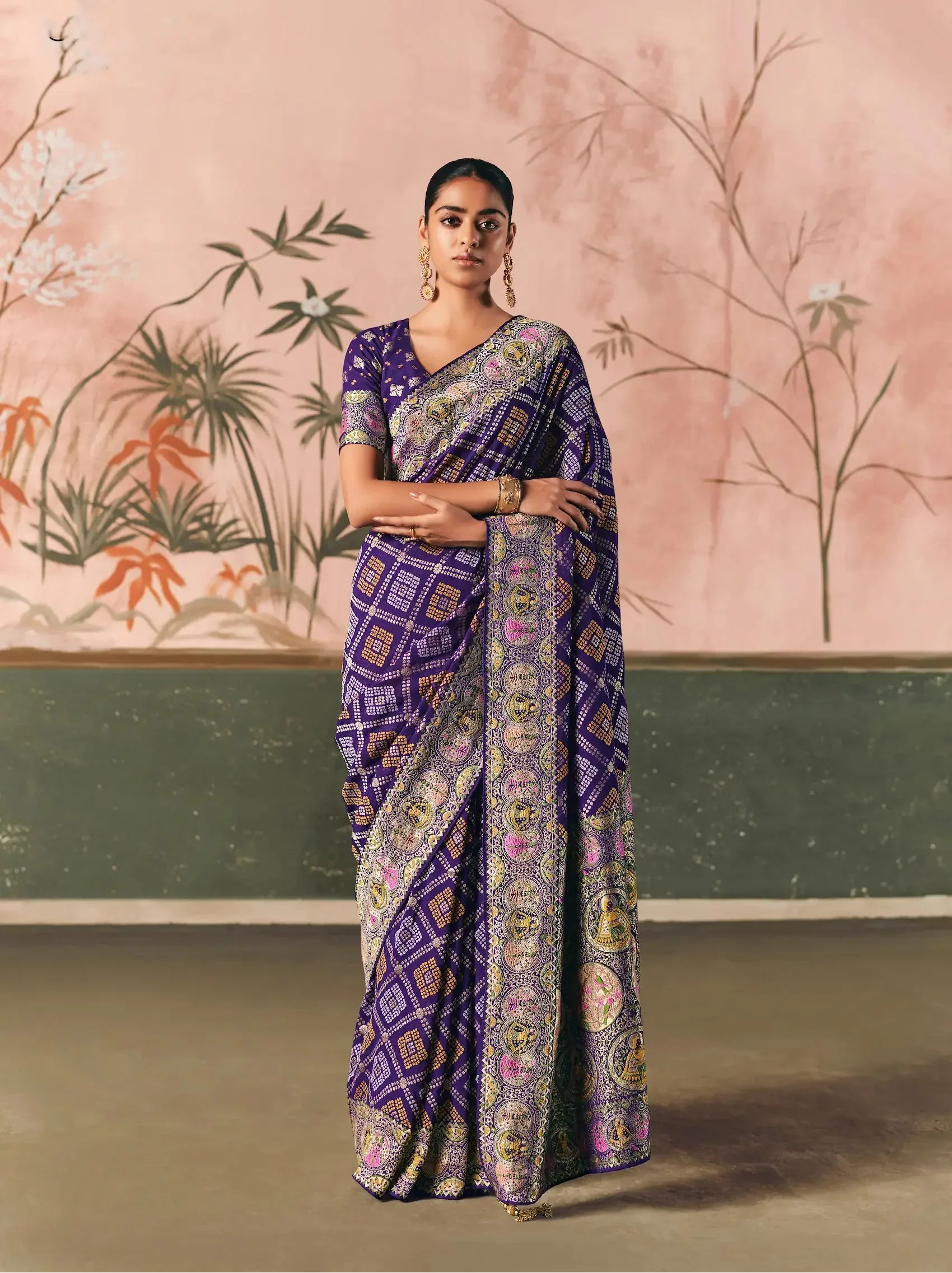 Bluish Purple Georgette Bandhej Weaving Saree