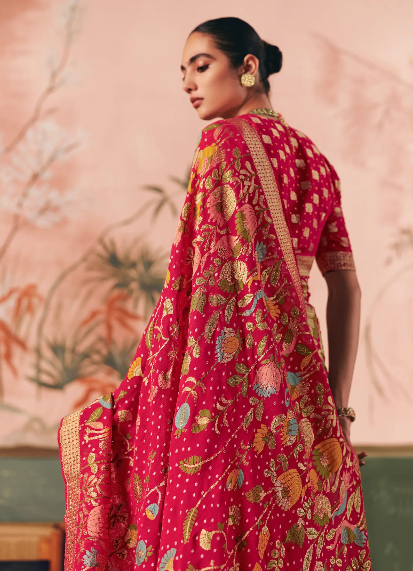 Rose Red Georgette Bandhej Weaving Saree